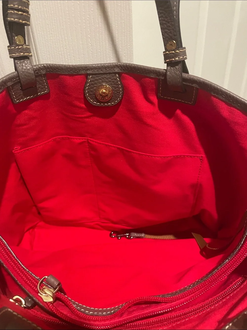 Dooney & Bourke Brown Pebbled Leather Tote with Red Interior